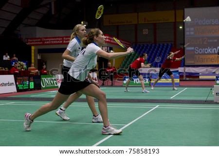AMSTERDAM - FEBRUARY 19: Valeria Sorokina and Nina Vislova beat the Germans in the semi-finals of the European Team Championships  badminton in Amsterdam, The Netherlands on February 19, 2011.
