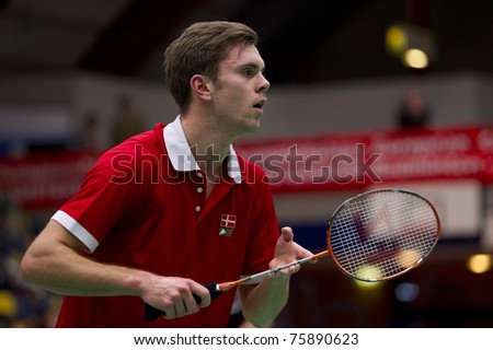 AMSTERDAM - FEBRUARY 19: Jan O. Jorgensen (pictured) beats Rajiv Ouseph in the semi-finals of the European Team Championships badminton in Amsterdam, The Netherlands on February 19, 2011.