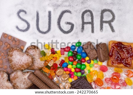 Food containing sugar. Too much sugar in diet causes obesity, diabetes and other health problems
