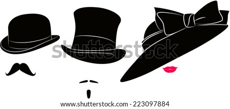 English bowler hat, cylinder, moustache for a real gentleman and womens elegant hat with bowknot for ladies and lips