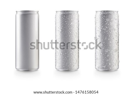 Aluminum slim cans in silver isolated on white background,canned with water drops,canned with water drops and ice