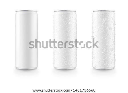 Aluminum slim cans in white isolated on white background,canned with water drops,canned with water drops and ice