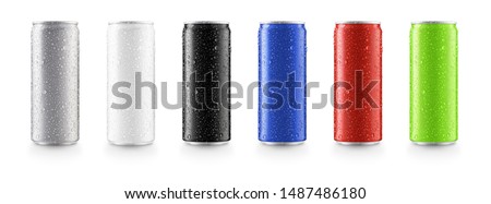 Aluminum slim cans in silver,white,black,blue,red,green isolated on white background,canned with water drops Imagine de stoc © 