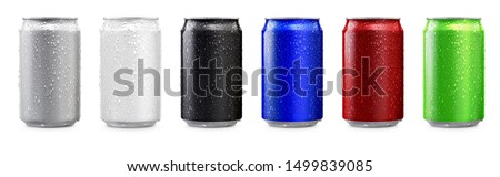 Aluminum cans in silver,white,black,blue,red,green isolated on white background,canned with water drops