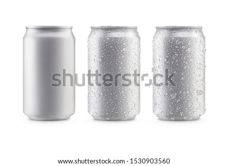 Cans in silver isolated on white background,canned with water drops,canned with water drops and ice