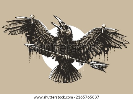 Crucified Raven with arrow. Vector illustration