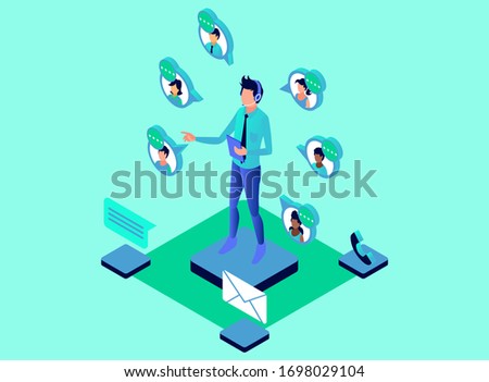 Isometric Vector Illustration Representing Customer Care Serving Customers with telephone and Multiple Media Using Headphone