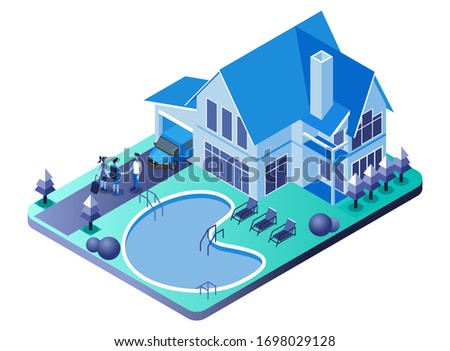 Isometric Vector Illustration Representing Villa, Home Stay and Swimming Pool with the Host Shaking Hands with Guests