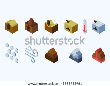 Eleven Isometric Icons Representing Earth Nature Elements Like Land, Mountain, Ocean, Wind
