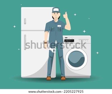 Cartoon vector illustration, Home appliance repair technician service with washing machine, refrigerator elements.