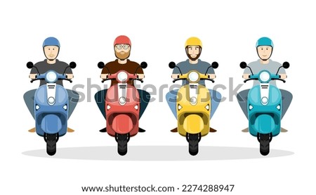 Cartoon different friend gang driving motorcycle on isolated background, Digital marketing illustration.