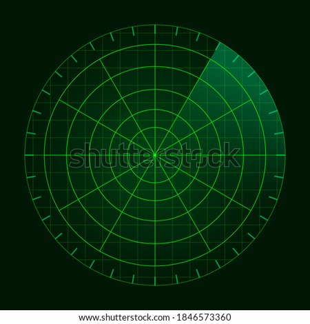 Green radar screen. Military air search system. Vector HUD radar display. Futuristic interface radio detection.