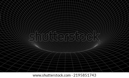 Futuristic black funnel. Wireframe space travel tunnel. Abstract blue wormhole with surface warp. Vector illustration.