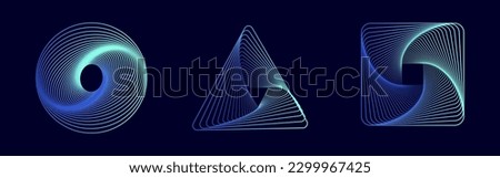 Set of abstract swirling symbols. Technology glowing colored sphere, triangle and square. Twisted wireframe tunnel. Curved blue shape.