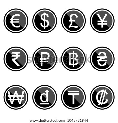 Currency symbols icons simple black-colored set. A set of currency symbols used in different countries, black with simple highlights.