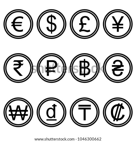 Currency symbols icons simple black and white colored set. A set of currency symbols used in different countries,  black and white.