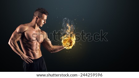 Handsome power athletic man bodybuilder doing exercises with dumbbell. Fitness muscular body on dark background.