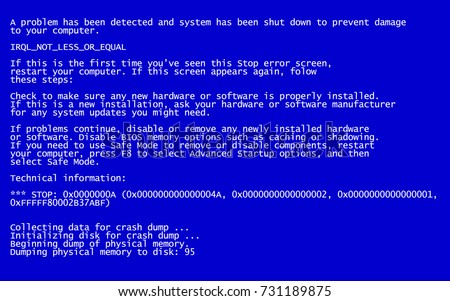 Interrupt request level classic blue screen of death (BSOD) error. Driver and memory error, incompatible device, software and hardware problem. System Crash Report Background. Vector Illustration
