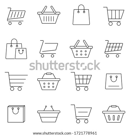 Set of shopping cart icons in modern thin line style. High quality black outline bag symbols for web site design and mobile apps. Simple cart pictograms on a white background. Vector illustration