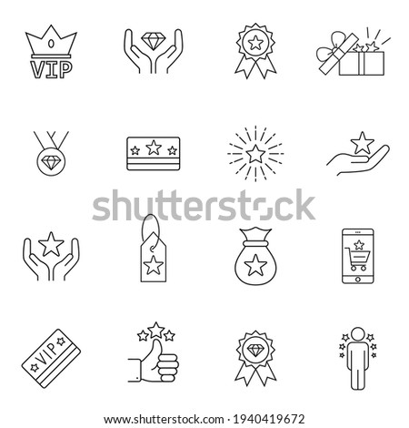 Royalty program line icon set. Included icons as member, VIP, exclusive, diamond, badge, high level and more. Symbol, logo illustration. Vector graphics