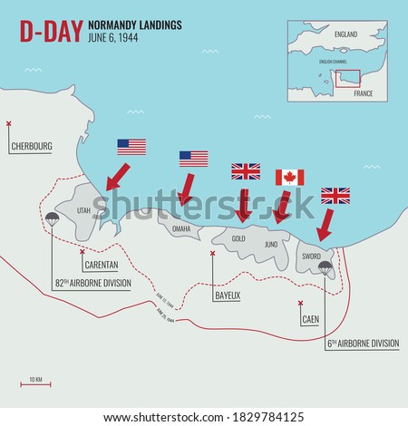 D-Day Landing / Operation Overlord on June 6, 1944 at Normandy, France during World War II map route