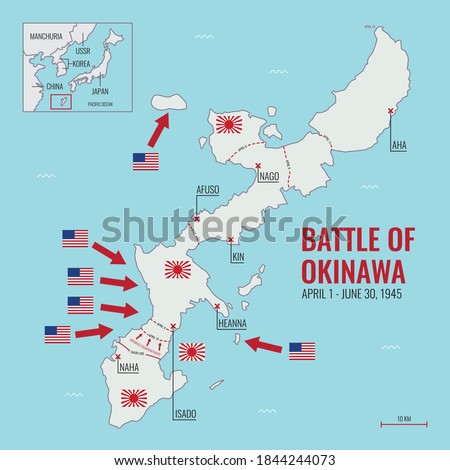 Map of Battle of Okinawa during World War II showing American and Japanese armies and frontlines, April 1 - June 30, 1945, Vector Diagram