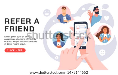 Refer a friend concept. Hands holding phone with contacts of friends. Business partnership strategy with group of people. Social media marketing for friends. Landing page template. Vector.