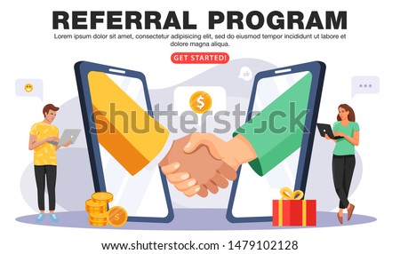 Refer a friend or Referral marketing concept. Business people shaking hands in big smartphone. People share info about referral program. Social media marketing for friends. Vector.