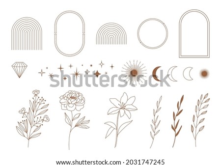 Set of minimal boho linear symbols. Celestial concept. Frame, arch, hands, florals, sun, stars and moon elements. Vector design collection for logo design, social media posts, stories. Branding.