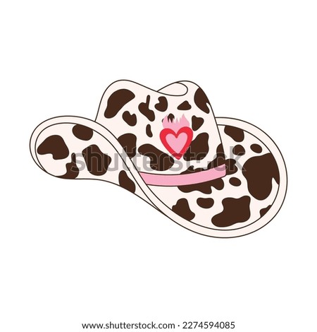 Retro Cowgirl hat with cow print.  Cowboy western and wild west theme. Vector isolated design for postcard, t-shirt, sticker etc.