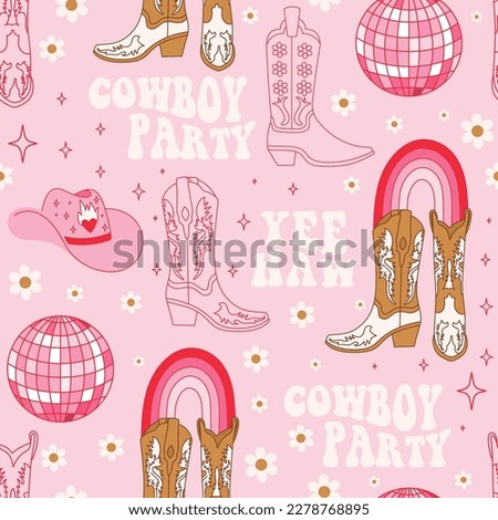 Retro seamless pattern with different Cowgirl boots, rainbow, lettering phrase, disco ball and flowers. Wild West fashion style vector for invitation, wrapping paper, packaging etc.