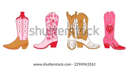 Set of retro Cowgirl boots. Cowboy western and wild west theme. Hand drawn isolated vector design for postcard, t-shirt, sticker etc.