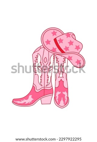 Retro Cowgirl boots with hat. Cowboy western and wild west theme. Vector isolated design for postcard, t-shirt, sticker etc.
