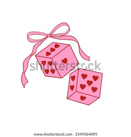 Cute aesthetic coquette dice with heart. Red heart love core dice. Dice with bow. Vector illustration for 14 February holiday.