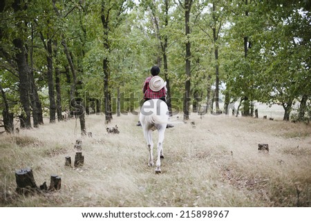 cowgirl riding a horse in the forest