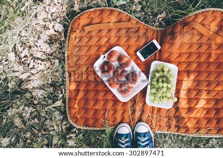 Nice picnic outdoors on an orange saddlecloth. Nice picnic outdoors on an orange saddlecloth. Grapes, donut (saturn) peaches and a smartphone, top view