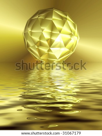 Gold round figure from triangles on a gold background, with reflection in transparent water