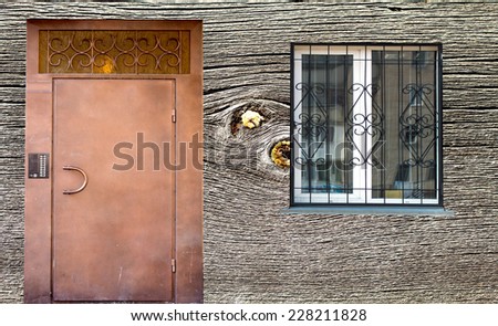 Door and window, wooden background house