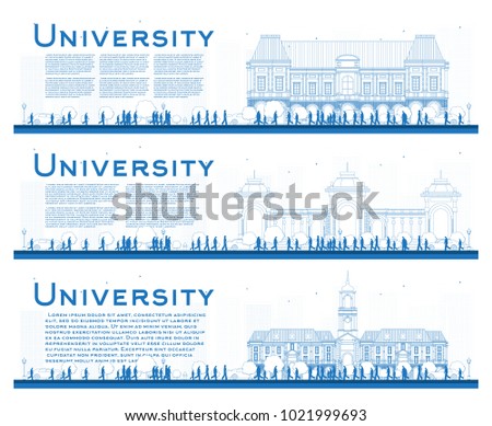Outline Set of University Study Banners. Vector Illustration. Students Go to the Main Building of University. Banner with Copy Space.