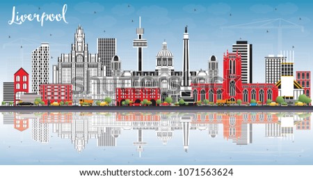 Liverpool Skyline with Color Buildings, Blue Sky and Reflections. Vector Illustration. Business Travel and Tourism Concept with Historic Architecture. Liverpool Cityscape with Landmarks.