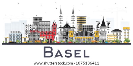 Basel Switzerland City Skyline with Color Buildings Isolated on White. Vector Illustration. Business Travel and Tourism Concept with Historic Architecture. Basel Cityscape with Landmarks.