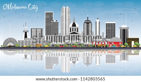 Oklahoma City Skyline with Gray Buildings, Blue Sky and Reflections. Vector Illustration. Business Travel and Tourism Concept with Modern Architecture. Oklahoma City Cityscape with Landmarks.