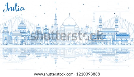 Outline India City Skyline with Blue Buildings and Reflections. Delhi. Hyderabad. Kolkata. Vector Illustration. Travel and Tourism Concept with Historic Architecture. India Cityscape with Landmarks.