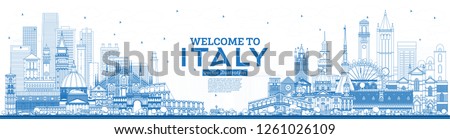 Outline Welcome to Italy Skyline with Blue Buildings. Famous Landmarks in Italy. Vector Illustration. Business Travel and Tourism Concept with Historic Architecture. Italy Cityscape with Landmarks.