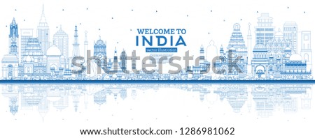 Outline Welcome to India City Skyline with Blue Buildings and Reflections. Delhi. Mumbai, Bangalore, Chennai, Hyderabad, Kolkata, Patna, Visakhapatnam. Vector Illustration. 