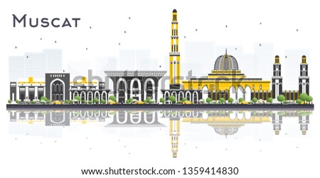 Muscat Oman City Skyline with Gray Buildings and Reflections Isolated on White Background. Vector Illustration. Tourism Concept with Modern Buildings. Muscat Cityscape with Landmarks.