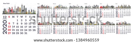 2020 Monthly Calendar with City Skylines. Vector Illustration. Template for Print. Tokyo. Moscow. Berlin. New York. Paris. Week starts from Sunday.