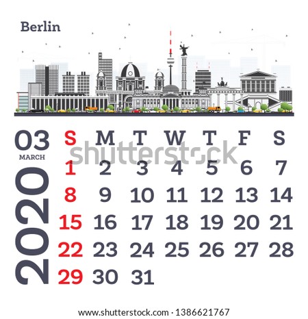 March 2020 Calendar Template with Berlin City Skyline. Vector Illustration. Template for Print. Week starts from Sunday.