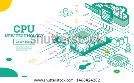 Isometric Cpu. Computer Technology. Big Data Processing. Data Transfer and Processing. Cloud Technology.