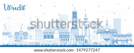 Outline Utrecht Netherlands City Skyline with Blue Buildings. Business Travel and Tourism Concept with Historic Architecture. Utrecht Cityscape with Landmarks.